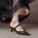 Net Yarn Tips Single Shoes 2025 Summer New French Temperament Low-Heeled Slippers With Skirt One-Legged Fine And Slippers