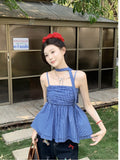 Sweet Babes Hanging Neck Blue Sling Sling Vest Women Summer 2026 New Korean Collar Folds Waist Top
