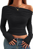 New Sexy Folded Shoulder Jacket Long Sleeves Out Asymmetrical Umbilical Folding T-Shirt Style Short
