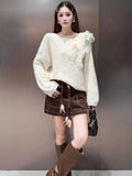 Korean Languid Three-Dimensional Flowers Purple Knitted Shirt Women 2025 Autumn And Winter New Loose Thin Sweater Top Tide