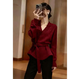 Vintage V-Neck Knitted With Belt Sweater Women's Autumn/Winter 2025 New Loose Lazy Inside The Bottom Shirt Top