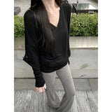 V Collar Bat Sleeve T-Shirt Scimitsed Twist Stacked Long-Sleeved Tee2025 New Thin Low-Collar Top Woman