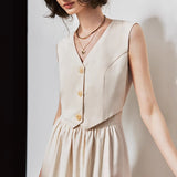 New British Old Money Fake Two Simple Commuting V-Neck Sleeveless High-Waist-Blend Dress