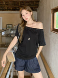 Korean Hot Diamond Willow Embroidered Slanted Shoulder Sleeves T-Shirt 2026 Summer New Unique Beautiful Word On The Shoulder