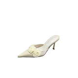 Summer 2025 New French Bag Head Thin Heel Shoes Flowers With Skirt Pointed Single Shoes Silk And Satin High Heel Shoes