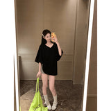 Large-Size Women's White Languid T-Shirt Women Summer Fat Mm Loose Belly V Collar Short-Sleeved Top Casual T-Shirt