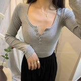 Chic Buckle Thread U-Neck T-Shirt Girl 2025 Spring And Autumn New Long-Sleeved Bottom Shirt Short Low-Neck Top