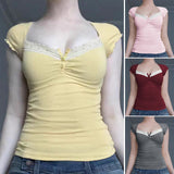 Dili 2025 Spring/Summer Y2K Sexy Knitted Lace Short-Sleeved Top Women's T-Shirt