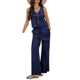 Dili 2025 Spring And Summer Women's Leisure Holiday Wind Solid Color Sleeveless Tie With Wide Legs Long Pants Set