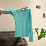 Blue V-Neck Hollow Long-Sleeved Knitted Shirt Women 2026 Thin Slime Shirt Inside The Bottom Shirt