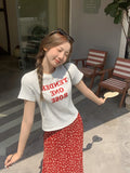 Red Lazy Wind Shoulder Short Sleeve T-Shirt 2026 Summer New Round-Neck Letter Print Loose Thin Top