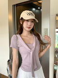 Fashion Simple Fake Two Tied Big Necking Short-Sleeved T-Shirt Girls Summer New Chic Design Pure Desire Top