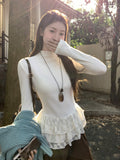 Milk White Half-High Lace Lace Long-Sleeved T-Shirt 2026 Autumn Wood Ear Repair Bottom Shirt Top