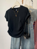 Grey Shoulder Short-Sleeved T-Shirt Women 2025 Summer New Folds To Receive Skinny Hottie Short Cotton Top