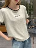 Flower Gray Letter Embroidery Splicing Round Collar Short-Sleeved T-Shirt Women 2026 Summer New Loose Thin Top