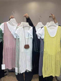 Thirteen Lines Of Early Spring Summer Hollow Knitted Shirt Sleeveless Dress Women Folded Side Open Fork Folded Waistcoat Skirt