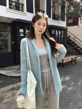 Water Blue Design Stitching Temperament Long-Sleeved Knitted Sweater 2026 Autumn And Winter Loose Thin Lazy Wind Coat