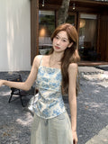 2026 Summer Ootd Design Feels Beautiful Blue Flowers Sexy Smear Sling Sling Vest Female Bare Back Repair Small Top