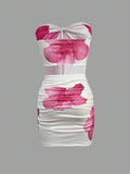 Summer New Women's Sexy Hot Tie Printing Tie Shoulder Bra Bag Hip Dress Dress Suit