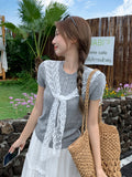 Summer Ootd Wear Fake Two Lace Collar Knitted Short-Sleeved T-Shirts For Women's New Sweet Casual Top