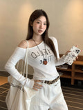 White Oblique Shoulder Letter Print Design Long-Sleeved T-Shirt 2026 Early Autumn New Slimming On The Shoulder