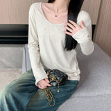 White Shoulder U Collar Long-Sleeved T-Shirt Women In The Early Autumn To Take A Loose Lazy Wind Feel To Wear A Bottom Shirt