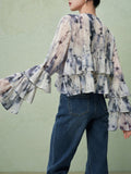 2026 Spring And Summer New T-Shirt Printing French Romantic Dye Mesh Screen Lotus Leaf Side Short Soft Horn Sleeve Top