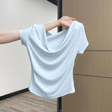Tibetan Blue Pure Desire Short-Sleeved T-Shirt Girls Summer New Two-Skinny Collarbone Shoulder Coat