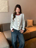 Vintage Round-Neck Stripe Splicing Long-Sleeved Knitted Cardigan Women's Fall 2026 Loose Thin Sweater Jacket