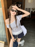 Summer Ootd Wearing Striped Collar Short-Sleeved T-Shirt Women's Lace Side Hem A Word Collared Hairdress