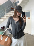 Korean V-Neck Pocket Zippered Striped Long-Sleeved Jacket 2026 Early Autumn New Loose Short Top Cardigan Woman