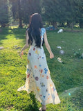 French Print Lotus Leaf Dress Women Summer Beautiful Seaside Holiday Hot Girls Unique Beautiful Waist Long Dress