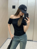 Slanted Shoulder Black Short-Sleeved T-Shirt 2026 Summer New Hot Diamond Design With A Unique Temperament Blouse
