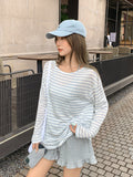 Unique Blue And White Stripes Bump Round Neck Long Sleeve Sunscreen Shirt Women Summer Open Fork Bare Back Pure T-Shirt Small Top