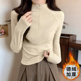 This Year's Popular Maillard Winter Zipper Half-Collared Velvet Thick Long-Sleeved T-Shirt T-Shirt Women's Top