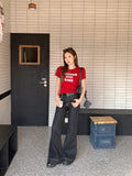 Red Lazy Wind Shoulder Short Sleeve T-Shirt 2026 Summer New Round-Neck Letter Print Loose Thin Top