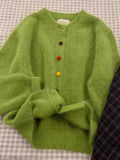 Spring Dress Retro Green Blouse Color Buckle Sweater Coat Women Spring And Autumn Lazy Loose White Design Knitted Open Shirt