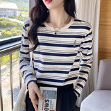 Pure Cotton Striped Long-Sleeved T-Shirt Lady Spring And Autumn Coat Wear 2025 New Bottom Shirt Inside The Loose Gas