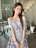 Super Good-Looking Flower Gray Collared Shoulder Hottie Short-Sleeved T-Shirt Girl Summer Letter Print Design Beautiful Top