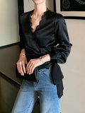 2026 Spring New Grip On The Ribbon Ribbon Top Elegant Luster Splicing Lace Long-Sleeved Shirt Women V Collar Waist Lining