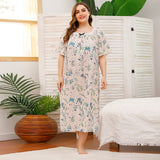 Spring And Summer Plus Code Lady Home Dress Skirt Short-Sleeved Lace Splicing Four-Sided Bullet Print Home Pajamas Woman