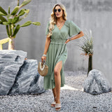 Dili Solid Color V-Neck Dress 2026 Temperament Open Fork Dress With Thin Short Sleeves
