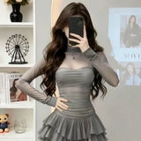 Light Luxury Temperament Mesh Splicing Long Sleeve Deep High-Neck Cake Skirt Women's High-End Feel French Banquet Dress