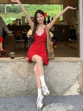 French Red Lace Lace V-Necked Neck Dress Woman Summer Seaside Holiday Slim Thin Babes Short Dress