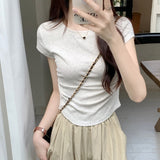 Positive Shoulder Collar Short Sleeve T-Shirt Design Feel Waist Thin Curved Under Hem Short Flying Sleeve Repair Body Coat