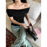 Tibetan Blue Pure Desire Short-Sleeved T-Shirt Girls Summer New Two-Skinny Collarbone Shoulder Coat