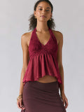 2026 New Hot Lace Lace Top Women Summer Folded Lotus Leaves Side Umbilical Umbilical Sweet Spicy Wind Short Hanging Neck Vest