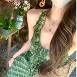 Vintage Fresh Green Lattice Dress Dress Woman 2025 New Gentle Temperament To Show Thin Back Dress