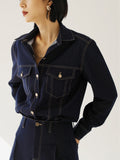 Free Ironing Drop Soft TR Denim Retro High-Waist Broad Leg Bright Line Denim Shirt Loose Set