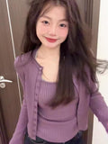 Korean Chic Chic Wears Knitted Slings Two Sets Of Women's Early Autumn Purple Slim Slim Thin Blouse